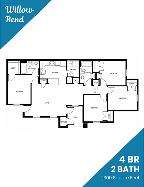 Floor plan for 4 beds, 2 baths, 1320 sqft